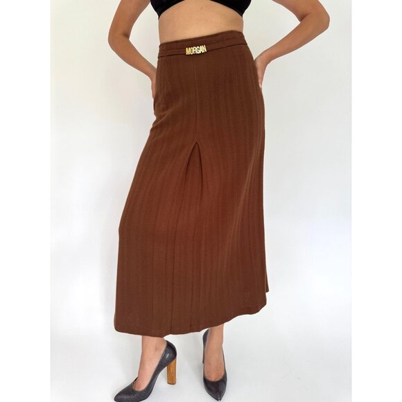 90s vintage brown Morgan belted casual dressy pleated high rise long midi skirt - Picture 2 of 8